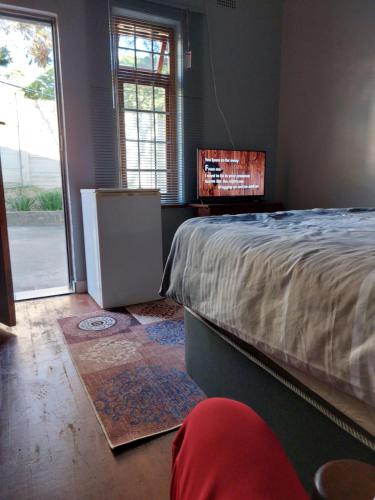 彼得马里茨堡Luvuyos Guest House Pmb的一间卧室设有一张床、一台电视和一个窗口。