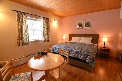怀特霍斯Kaleido Lodge Yukon的一间卧室配有一张床、一张桌子和一个窗户。