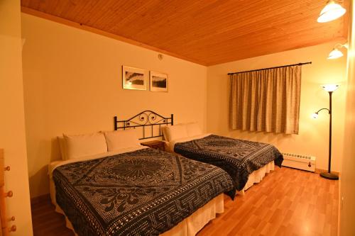 怀特霍斯Kaleido Lodge Yukon的一间酒店客房,房间内设有两张床