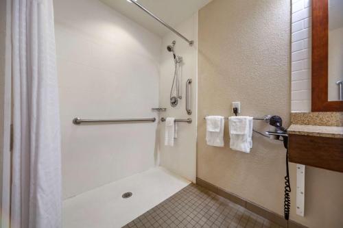 悉尼Comfort Inn & Suites Sidney I-80的带淋浴和盥洗盆的浴室