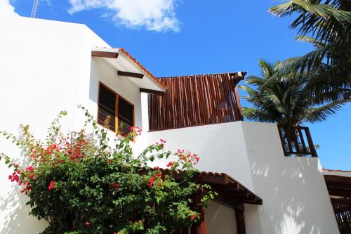 图卢姆Casa Colibrí Tankah的棕榈树旁的白色建筑,有花丛