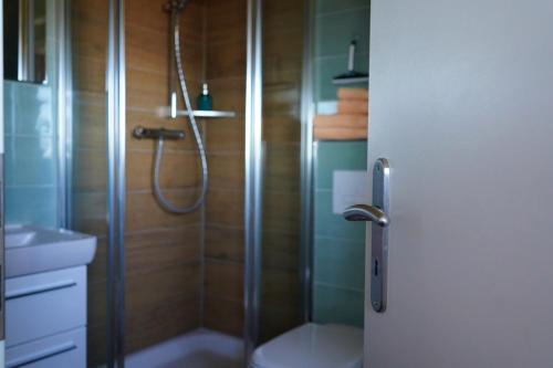 奥斯赛拜-屈隆斯博恩Corso的带淋浴、卫生间和盥洗盆的浴室