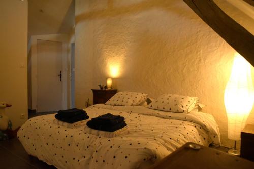 库尔塞勒德图赖讷Gîte familial La Tabarderie的一间卧室配有一张床,上面有两条毛巾