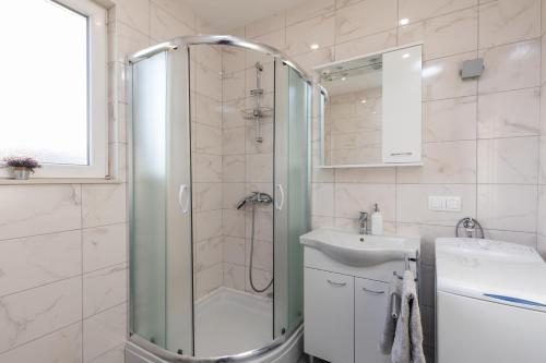 米利尼Amarillo Apartments的带淋浴和盥洗盆的浴室