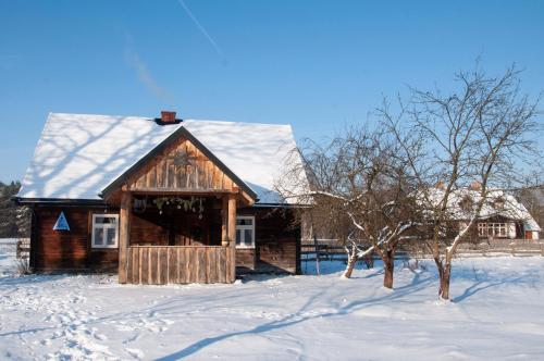 TocznabielChata Latoś的小木屋,地面上积雪,树木上