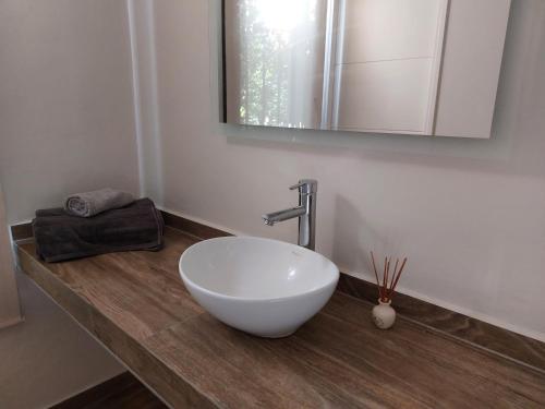 查克拉斯德科里亚Moderno departamento para dos personas en Chacras de Coria的木制柜台上带白色碗水槽的浴室