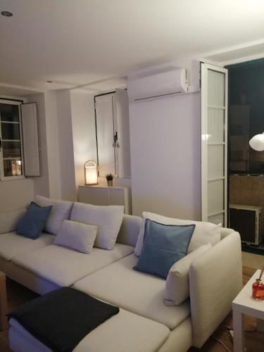 阿尔科谢蒂Casa do Coronel的客厅配有白色沙发及蓝色枕头