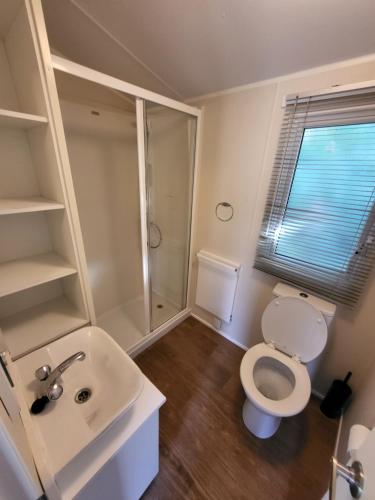 布莱克浦Caravan Kensington 46 at Marton Mere Blackpool的浴室配有卫生间、盥洗盆和淋浴。