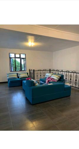 Centre de FlacqSunrise Sensation holiday home.的客厅里设有两张蓝色沙发