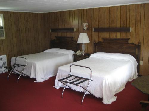 Richfield SpringsFountain View Motel的木镶板旅馆客房内的两张床