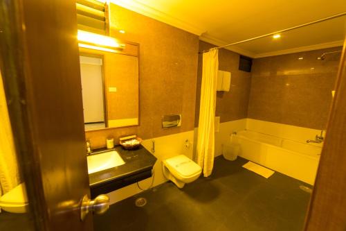 马杜赖马杜赖住宅酒店的一间带水槽、卫生间和镜子的浴室