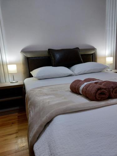 弗尔尼亚奇卡矿泉镇Apartmani Radulović的一间卧室配有两张带棕色毯子和枕头的床。