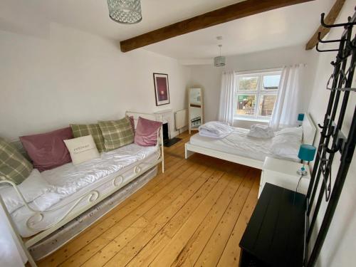 埃克斯茅斯埃克斯茅斯乡村山林小屋的一间带两张床和窗户的客厅
