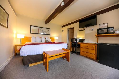 哈里伯顿湖景汽车旅馆的一间卧室配有一张床和一张书桌及电视