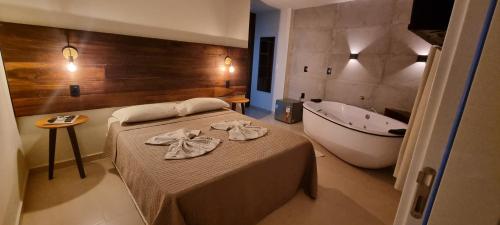 格拉瓦塔尔Pousada Quatro Estações的一间带一张床和浴缸的浴室