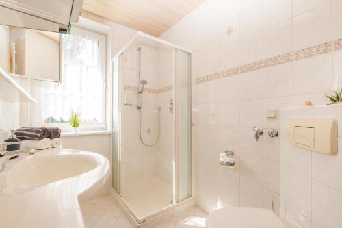 施尔奇Ferienwohnungen Gewiese的带淋浴和盥洗盆的白色浴室