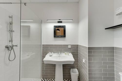 芒通圣贝尔纳花亭酒店的一间带水槽和淋浴的浴室
