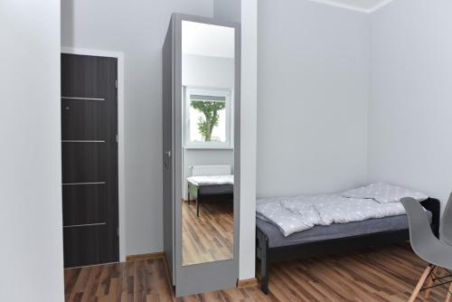 SmolecZielona Dolina 2020的卧室内的镜子,配有床