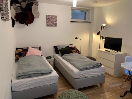 慕尼黑Helle Souterrainwohnung mit Komfort的一间卧室配有两张床和电视。