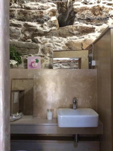 圣弗洛朗Bergerie tout confort L'immortelle的一间带水槽和石墙的浴室