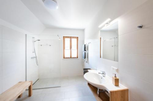 加姆利茨Posthansl l Sernau 1的白色的浴室设有水槽和淋浴。