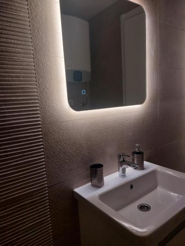 波德戈里察Aria Apartmani的一间带水槽和镜子的浴室