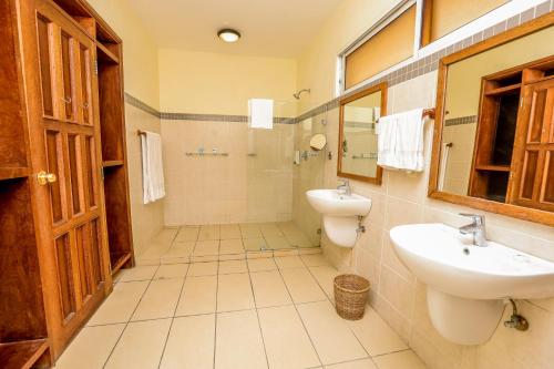 蒙巴萨城市蓝溪边酒店和套房的一间带水槽、卫生间和镜子的浴室