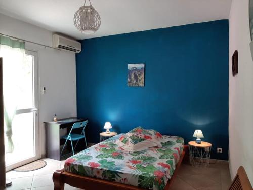 Saint-Gilles-les Hautslakazadom974的一间设有蓝色墙壁、一张床和一张书桌的卧室