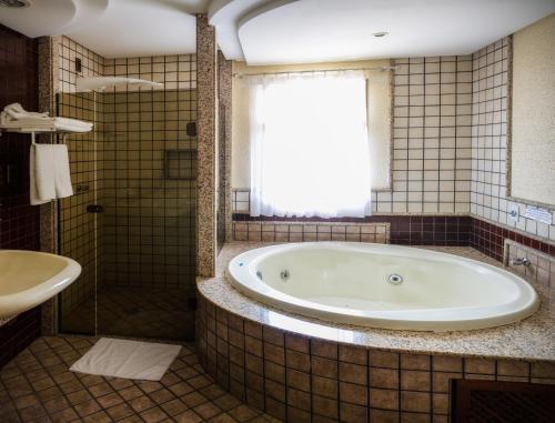 帕尔马斯基拉索斯旅馆的带浴缸、淋浴和盥洗盆的浴室