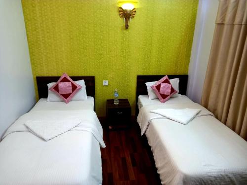 加德满都Serene B&B Kathmandu的绿墙客房的两张床