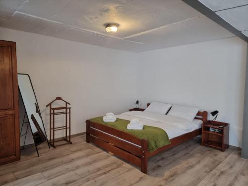 锡比乌The Cozy Bunker的一间卧室设有一张床、一张桌子和梯子