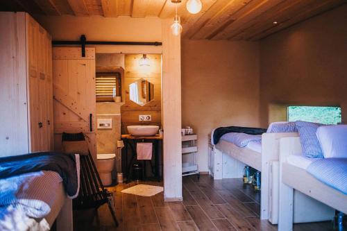 格罗苏普列Sleeping with bees - Tourist farm Muha的客房设有两张床和水槽。