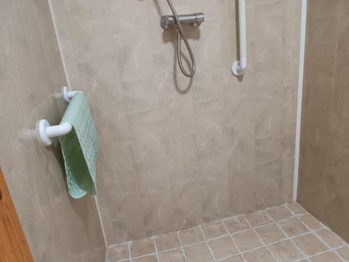 NobberRathgillen Lodge的带淋浴和绿毛巾的浴室