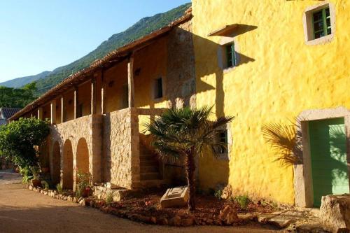 崔巴尔Hotel Village Balatura - exclusive VEGGIE的一座黄色的建筑,前面有棕榈树