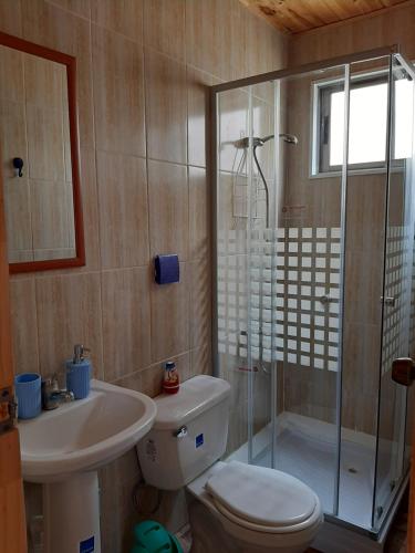 黑岛Cabañas MI REFUGIO的带淋浴、卫生间和盥洗盆的浴室