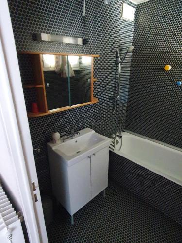 拉吉约勒NATURE D'AUBRAC的一间带水槽、淋浴和镜子的浴室