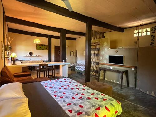 帕伦克Villas Adriana, Palenque的一间卧室设有一张床和一间客厅。