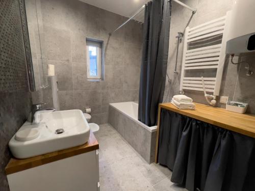 霍茹夫URBAN APARTMENTS Premium No 3 Chorzów Katowice, FREE PRIVATE PARKING的浴室配有水槽、淋浴和浴缸。
