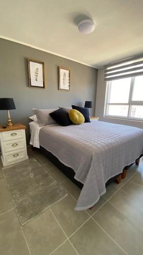特木科Apart Center Temuco的一间卧室设有一张大床和一个窗户。