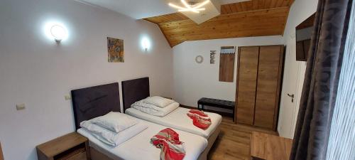 布拉索夫热恩尼翁旅馆的小房间设有两张床和木制天花板