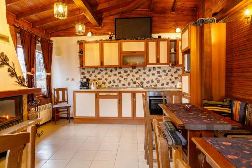 帕维尔巴尼亚伽玛别墅酒店的厨房配有桌子和台面