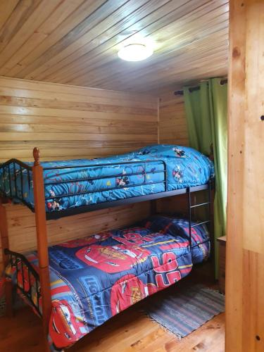 ChovellénCabañas Los Castaños Chovellén的小屋内设有一间带两张双层床的卧室