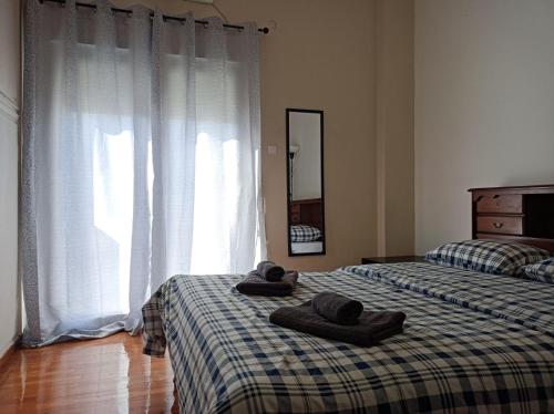 雅典Rooms in the apartment (Leontiou)的卧室内的两张床,配有毛巾