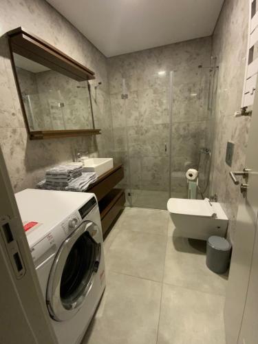 伊斯坦布尔Residence Retro9 B-Blok Ataköy Apart 2 Rooms WIFI Pool Istanbul的一间带洗衣机和水槽的浴室