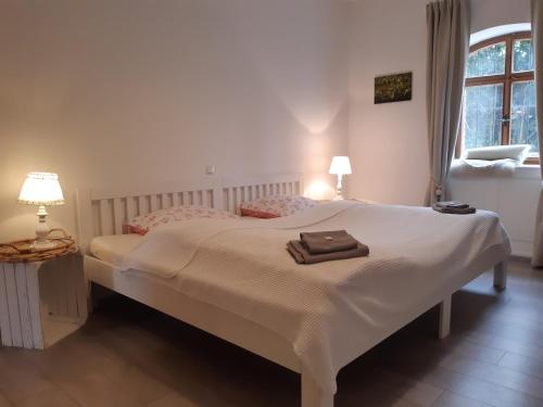 厄斯特里希-温克尔Rheingauzeit的一间卧室配有一张床,床上有毛巾