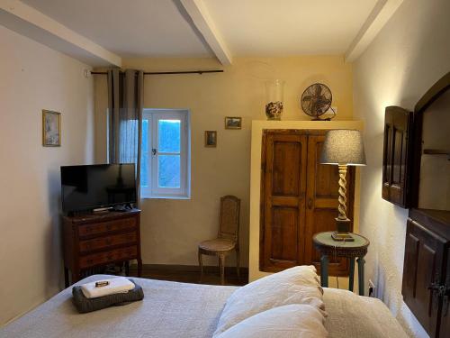 穆斯捷-圣玛丽Domaine d'Angouire的一间卧室配有一张床、一台电视和一个窗口