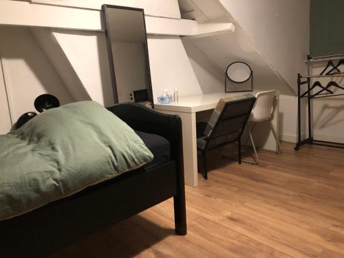 恩斯赫德City Center Enschede Homestay的一间卧室配有一张床和一张桌子及椅子