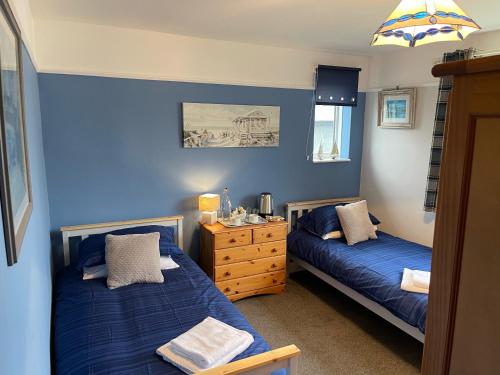福伊TRETHEWEY GUEST HOUSE的蓝色客房 - 带两张床和梳妆台