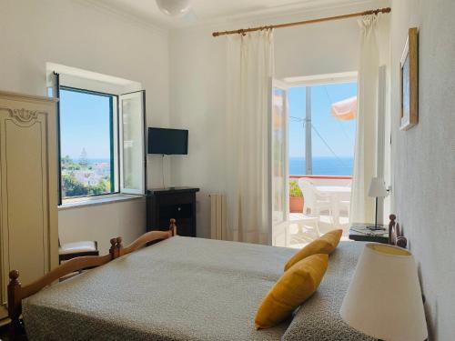 伊斯基亚Pensione Casa Verde的一间卧室设有一张床,享有海景