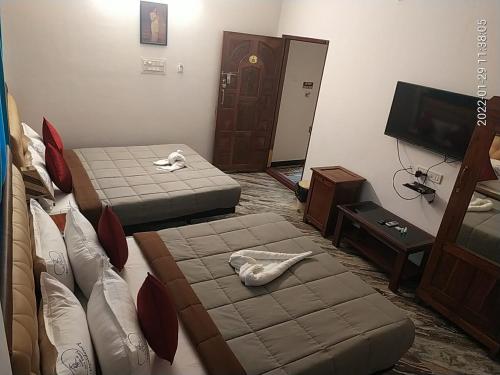 蓬蒂切里VILLA DE SRIVAARI RESIDENCY的酒店客房设有两张床和电视。